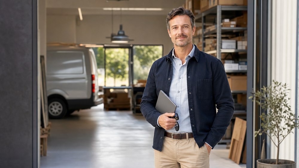 Selbstständiger Gewerbetreibender vor seinem Firmenfahrzeug – Gewerbeversicherung für Handwerk und Kleinbetriebe
